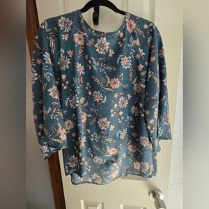 Women’s Teal Floral Blouse with Pink Bloom Print